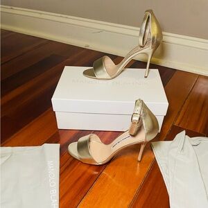 Manolo Blahnik gold ankle strap sandal